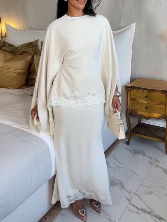 Elegant Batwing Sleeve Lace-Trim Top & Mermaid Skirt Set