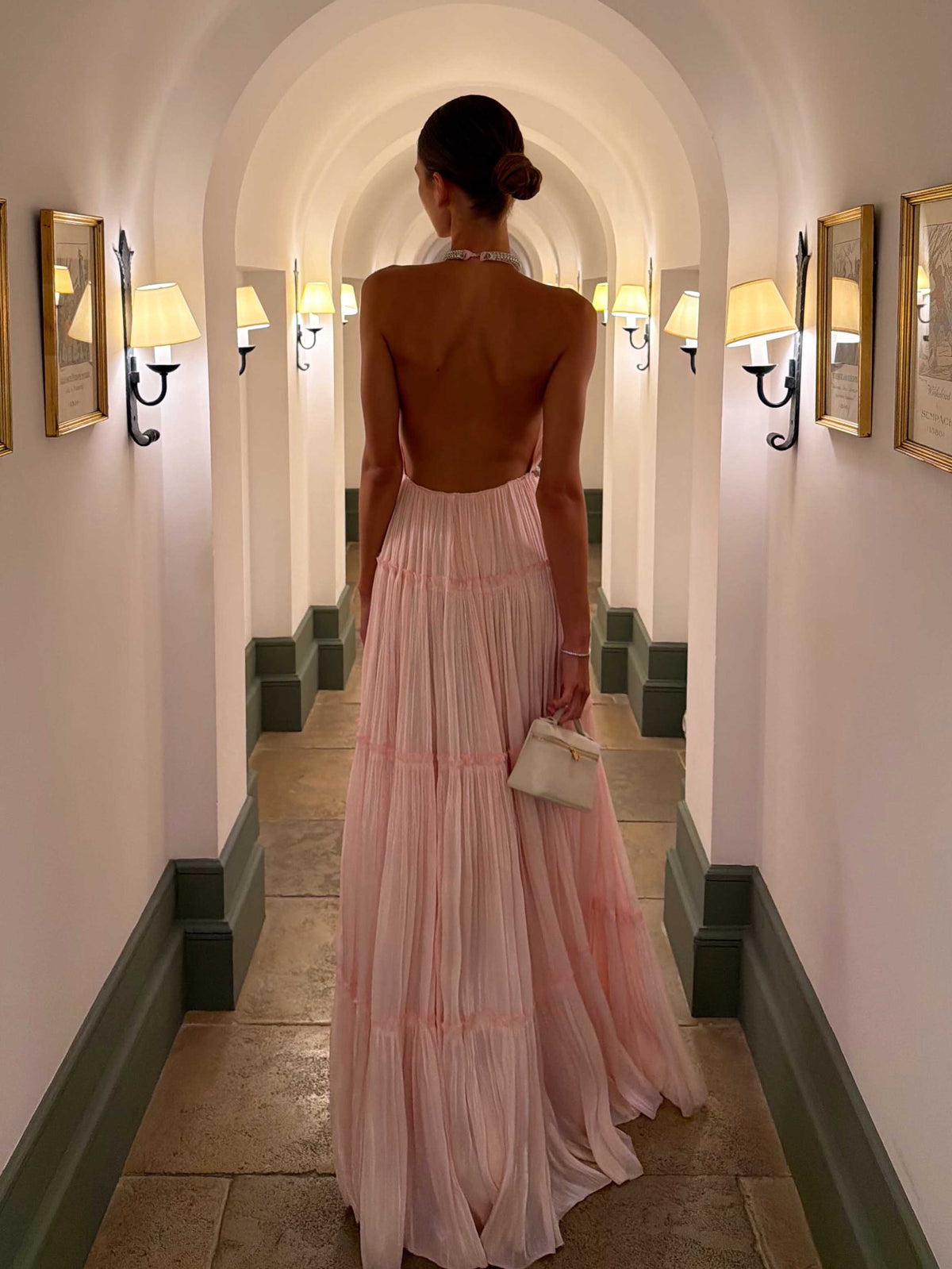 Rhinestone Halter Neck Tiered Pleated Shiny Maxi Dress