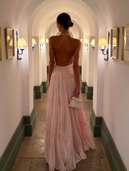 Rhinestone Halter Neck Tiered Pleated Shiny Maxi Dress