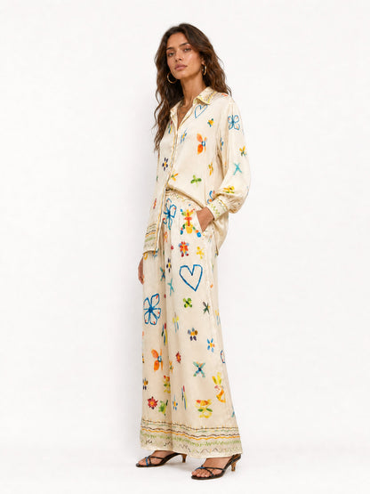 Unique Satin Hand-Painted Watercolor Print Lapel Button Shirt Two-Piece Set