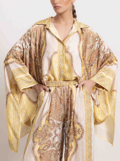 Retro Paisley Print Satin Loose Shirt Two-Piece Set