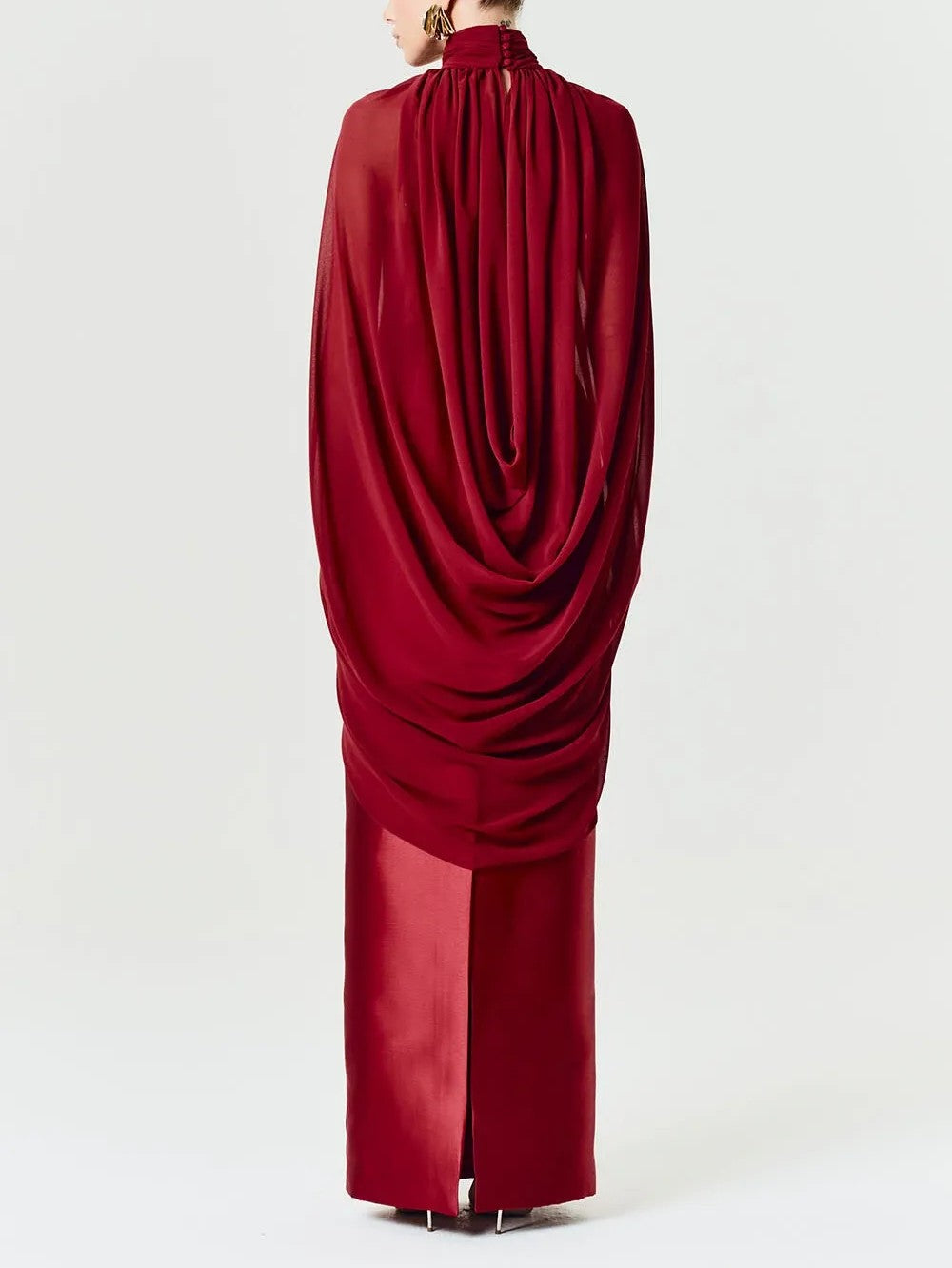 Elegant Satin Strapless Maxi Dress with Chiffon Cape
