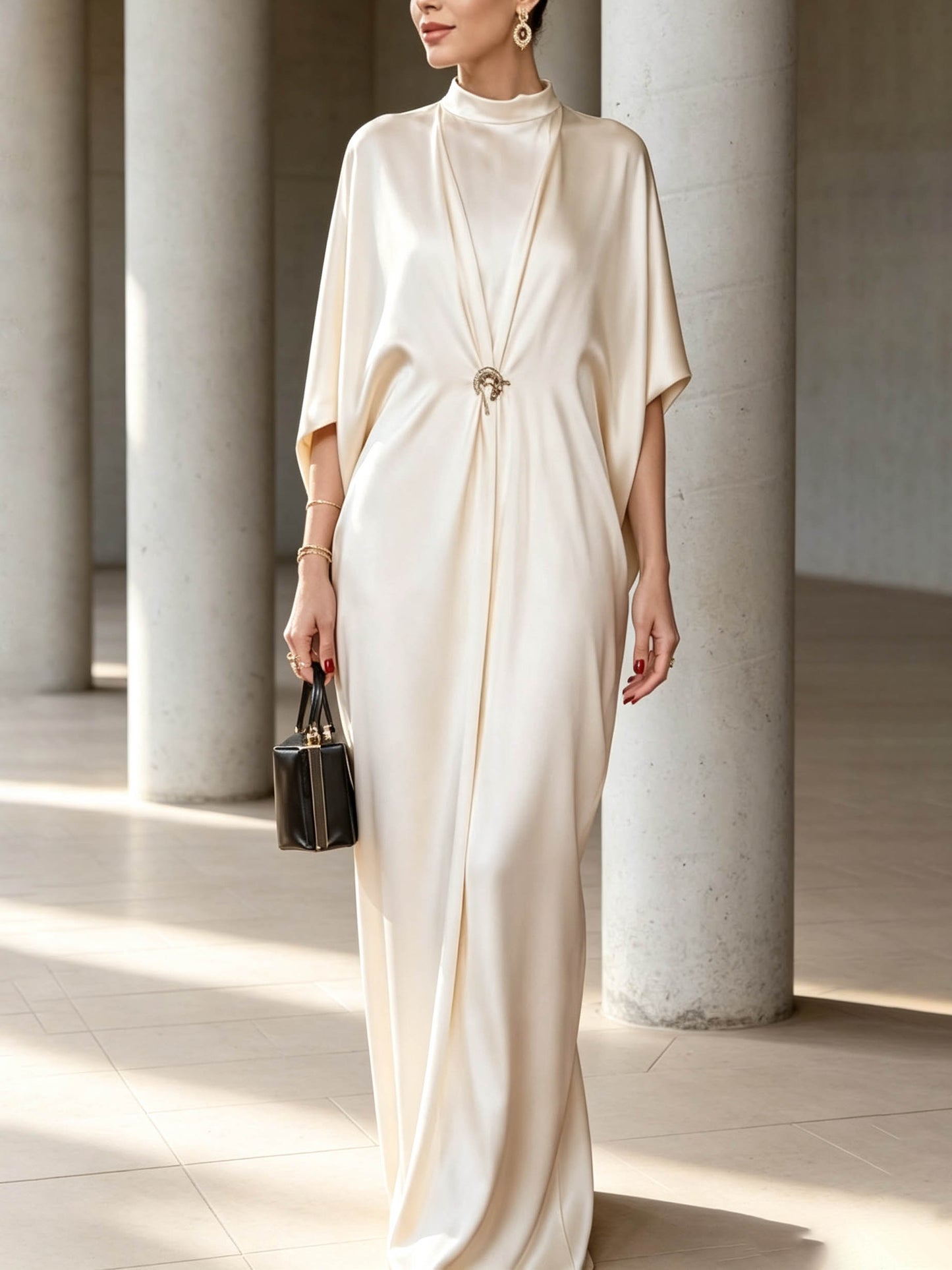 Elegant Satin Batwing Sleeve Kaftan Maxi Dress