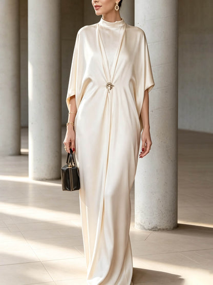 Elegant Satin Batwing Sleeve Kaftan Maxi Dress
