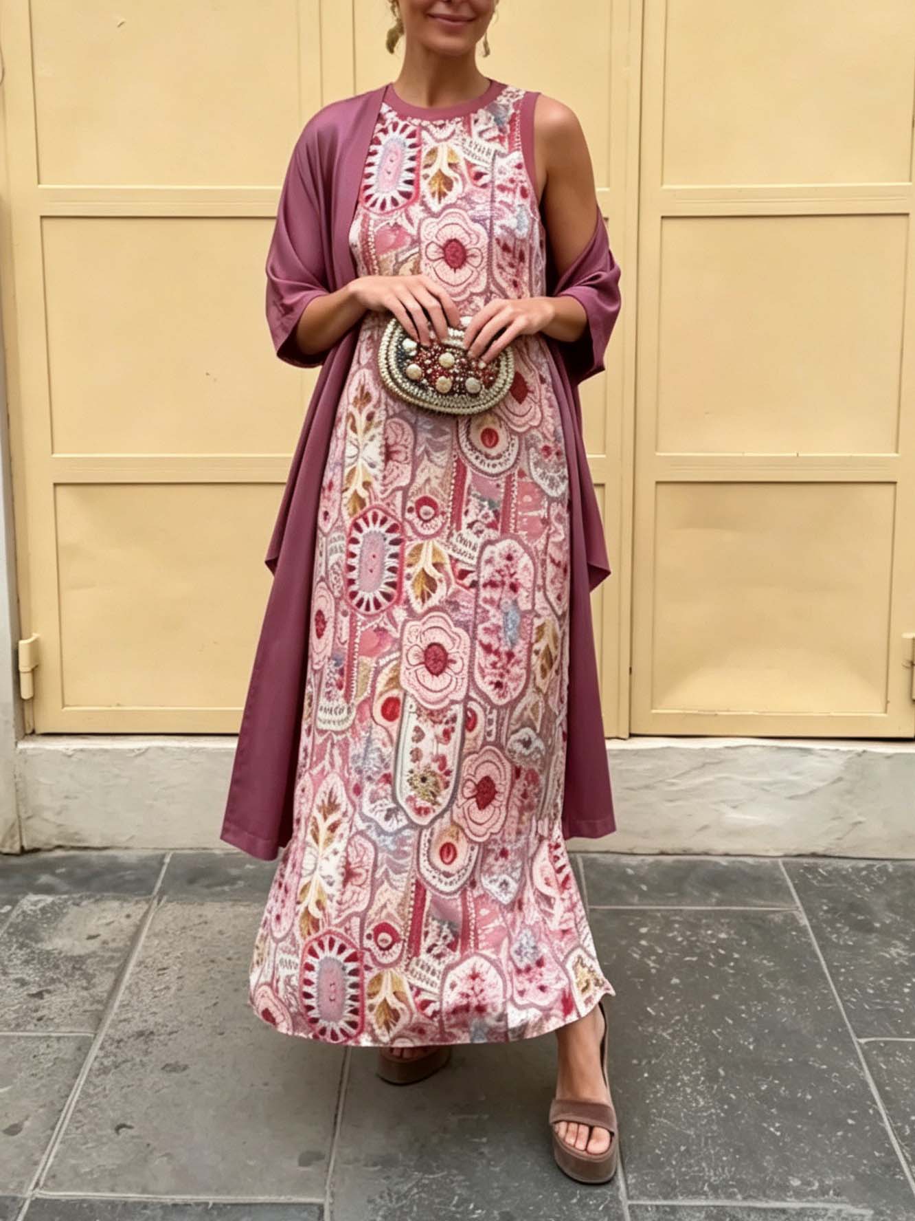 Retro Tile Print Sleeveless Maxi Dress Two Piece Set