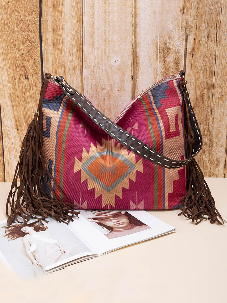 Retro Bohemian Woven Fringe Linen Shoulder Tote Bag