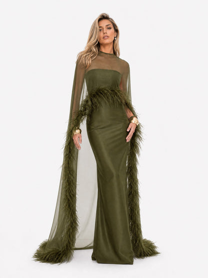 Elegant Feather Trim Chiffon Shawl Black Satin Maxi Dress
