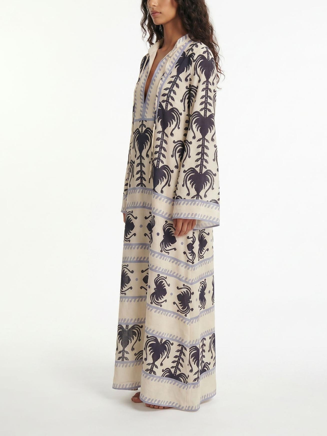 Bohemian Border Print V-Neck Maxi Dress