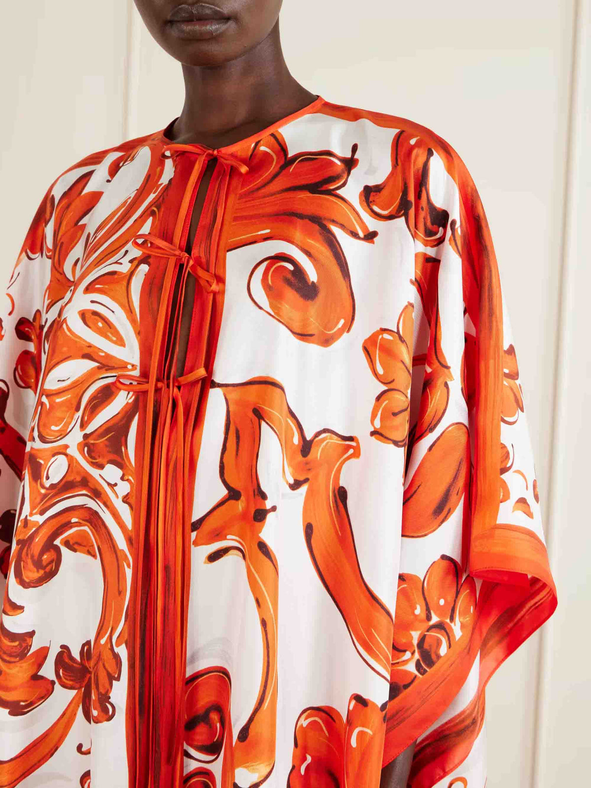 Elegant Self-Tie Satin Print Flowing Kaftan Maxi Dress