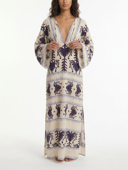 Bohemian Border Print V-Neck Maxi Dress