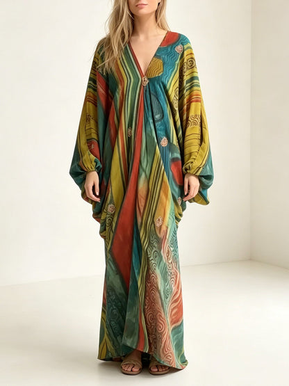Retro Abstract Print V-Neck Balloon Sleeve Maxi Dress