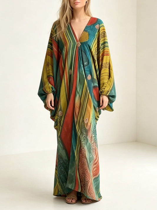 Retro Abstract Print V-Neck Balloon Sleeve Maxi Dress