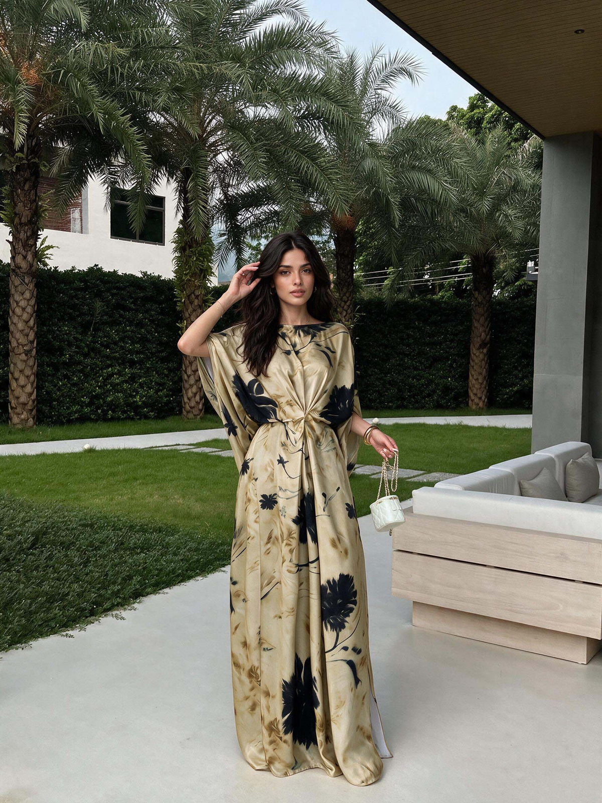 Elegant Watercolor Twist-Front Maxi Dress