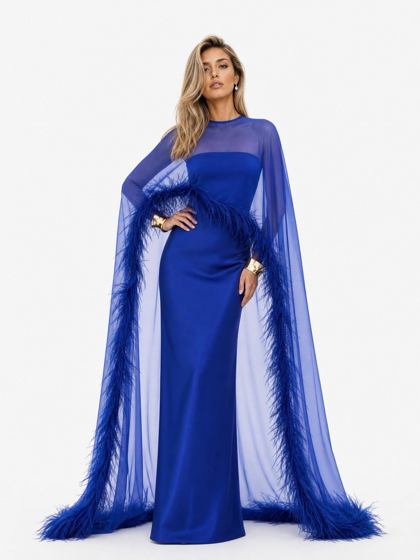 Elegant Feather Trim Chiffon Shawl Black Satin Maxi Dress