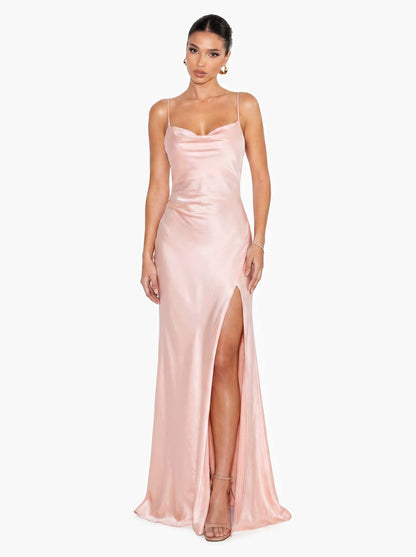 Elegant Satin Backless Cowl Back Maxi Dress
