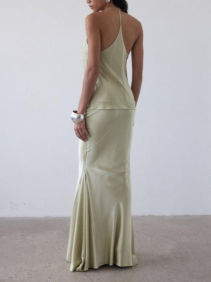 Elegant Fringe Shawl Top & Satin Maxi Skirt Three-Piece Set