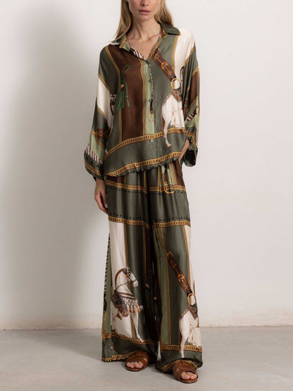 Retro Equestrian Print Shirt & Wide-Leg Pants Two-Piece Set