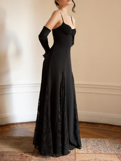 Elegant Satin Lace Patchwork Spaghetti Strap Maxi Dress