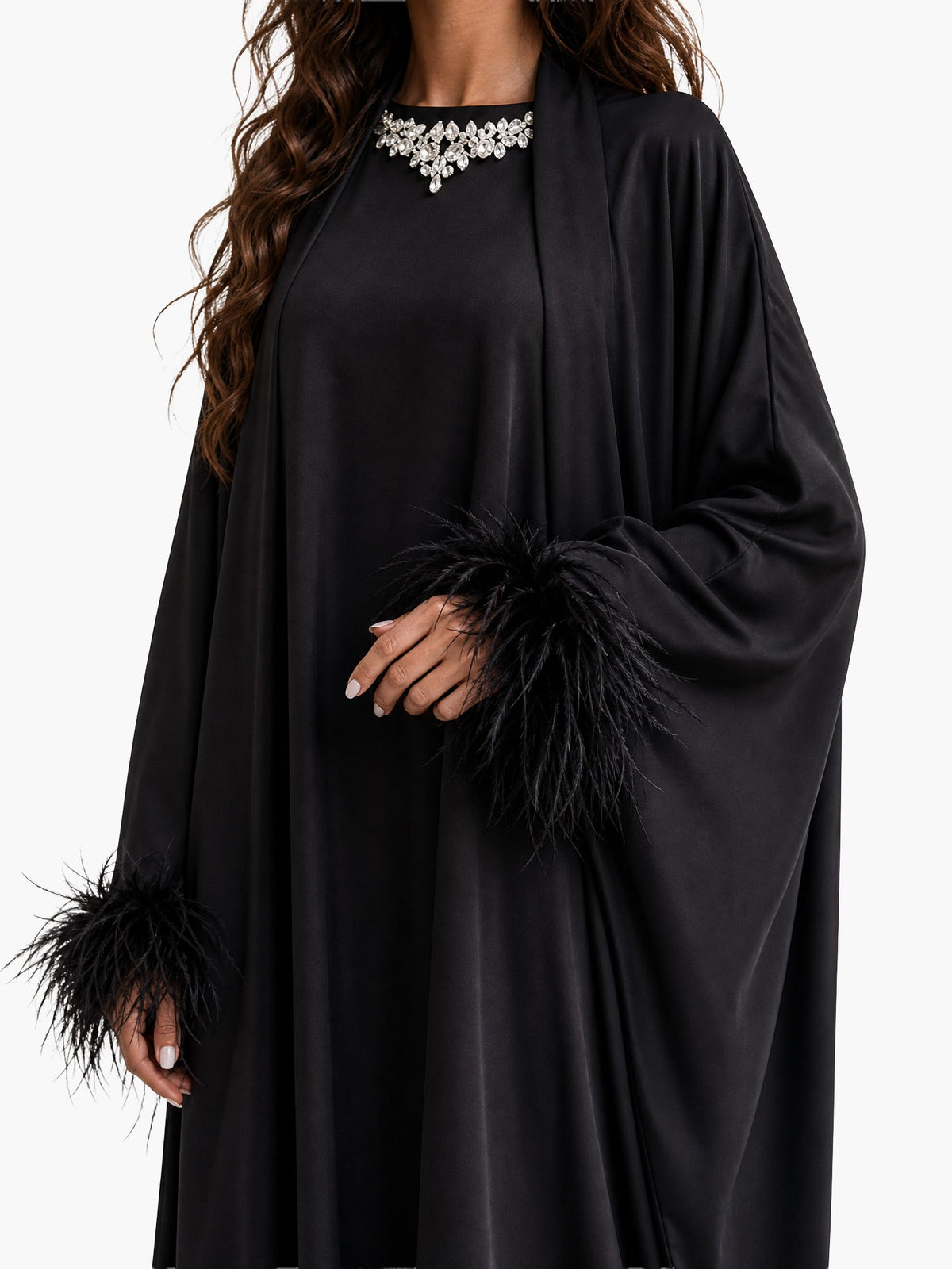 Elegant Feather-Trim Long Cardigan & Maxi Dress Set