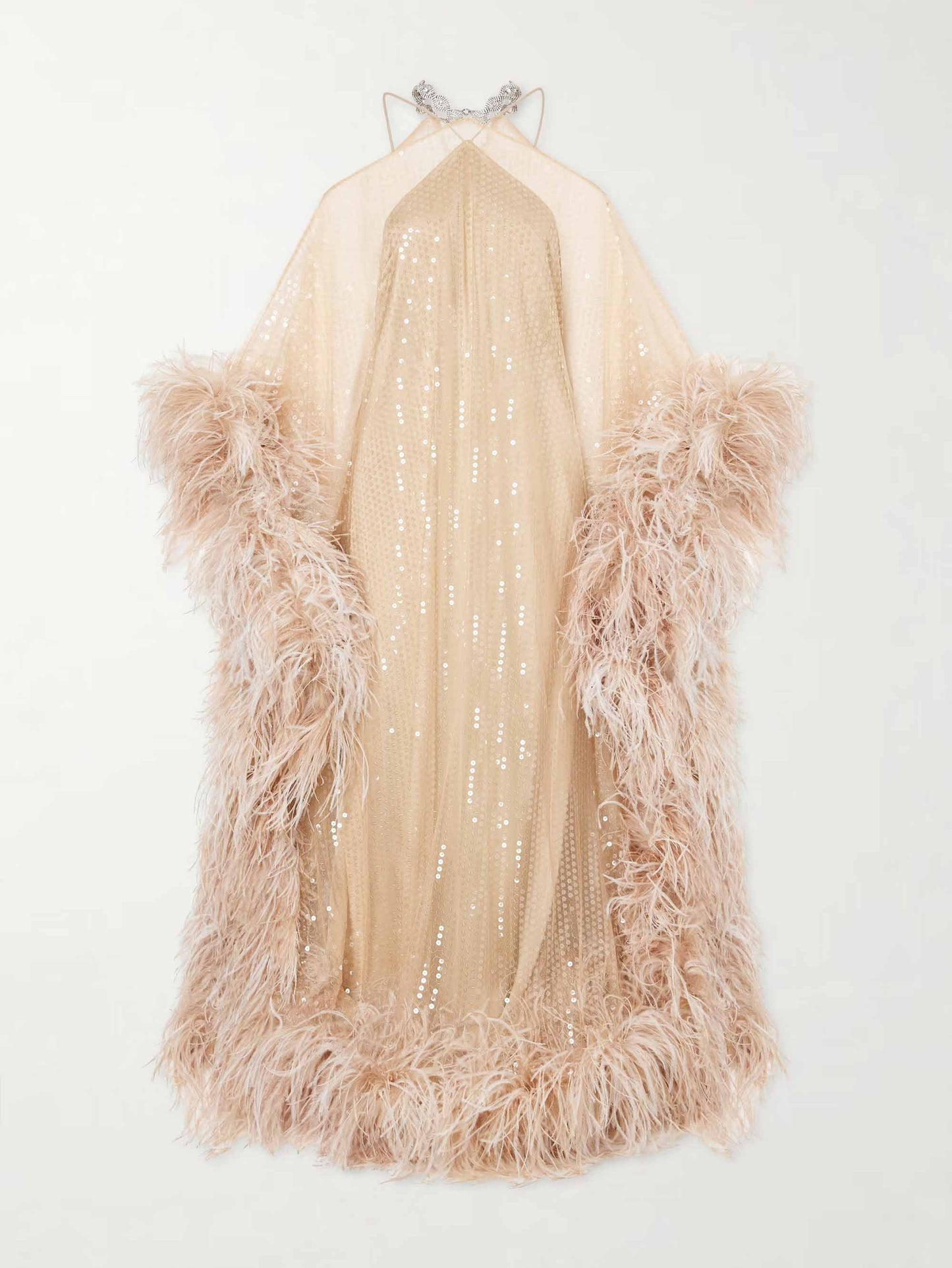 Luxury Sequined Feather Trim Cape Sleeve Maxi Dress