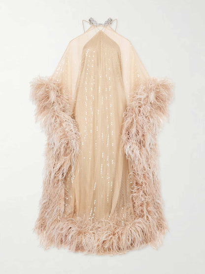 Luxury Sequined Feather Trim Cape Sleeve Maxi Dress
