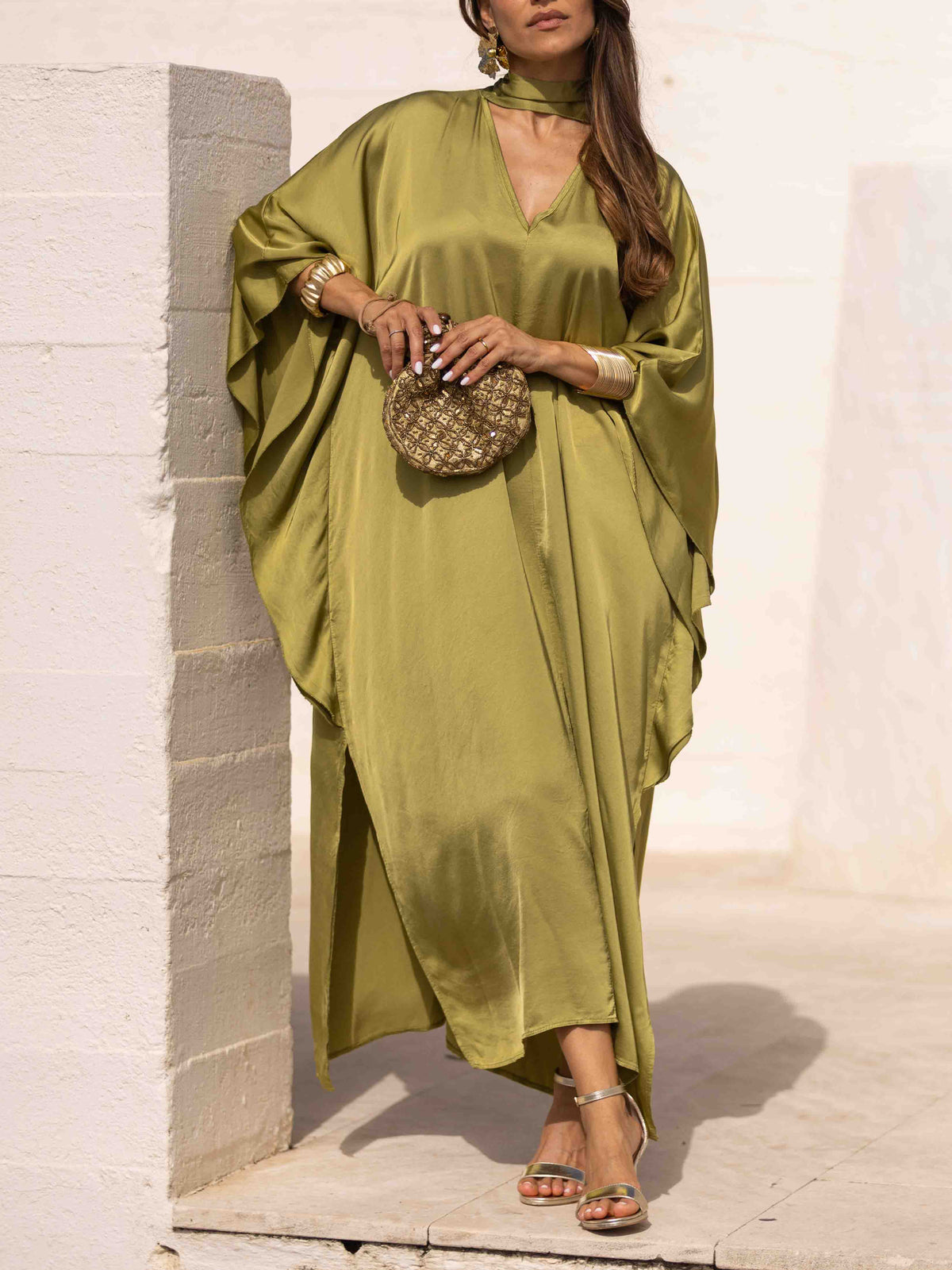 Elegant Satin Choker Neck Batwing Sleeve Kaftan Maxi Dress