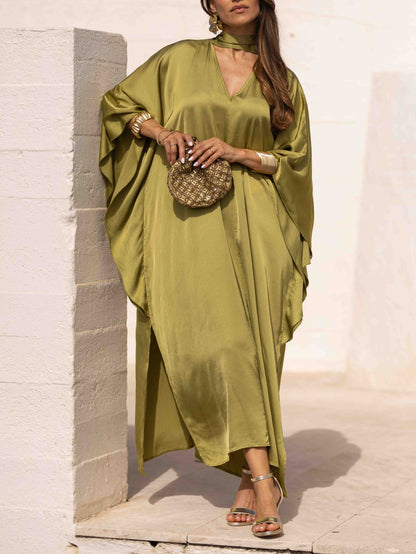 Elegant Satin Choker Neck Batwing Sleeve Kaftan Maxi Dress