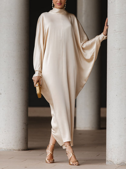 Elegant Satin Batwing Sleeve Kaftan Maxi Dress