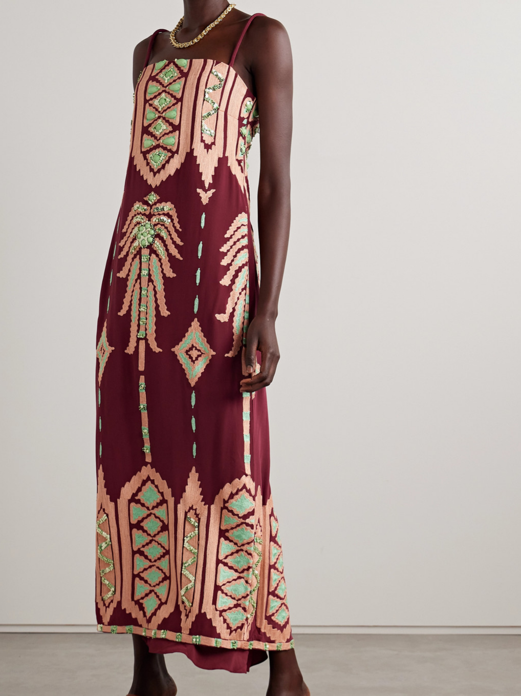 Bohemian Embroidered Print Strappy Midi Dress