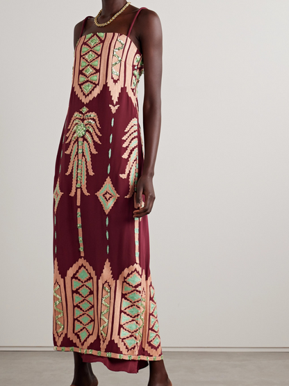 Bohemian Embroidered Print Strappy Midi Dress
