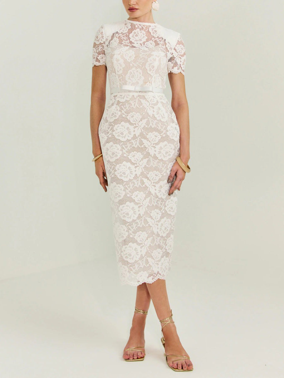 Elegant Floral Lace Belted Midi Dress