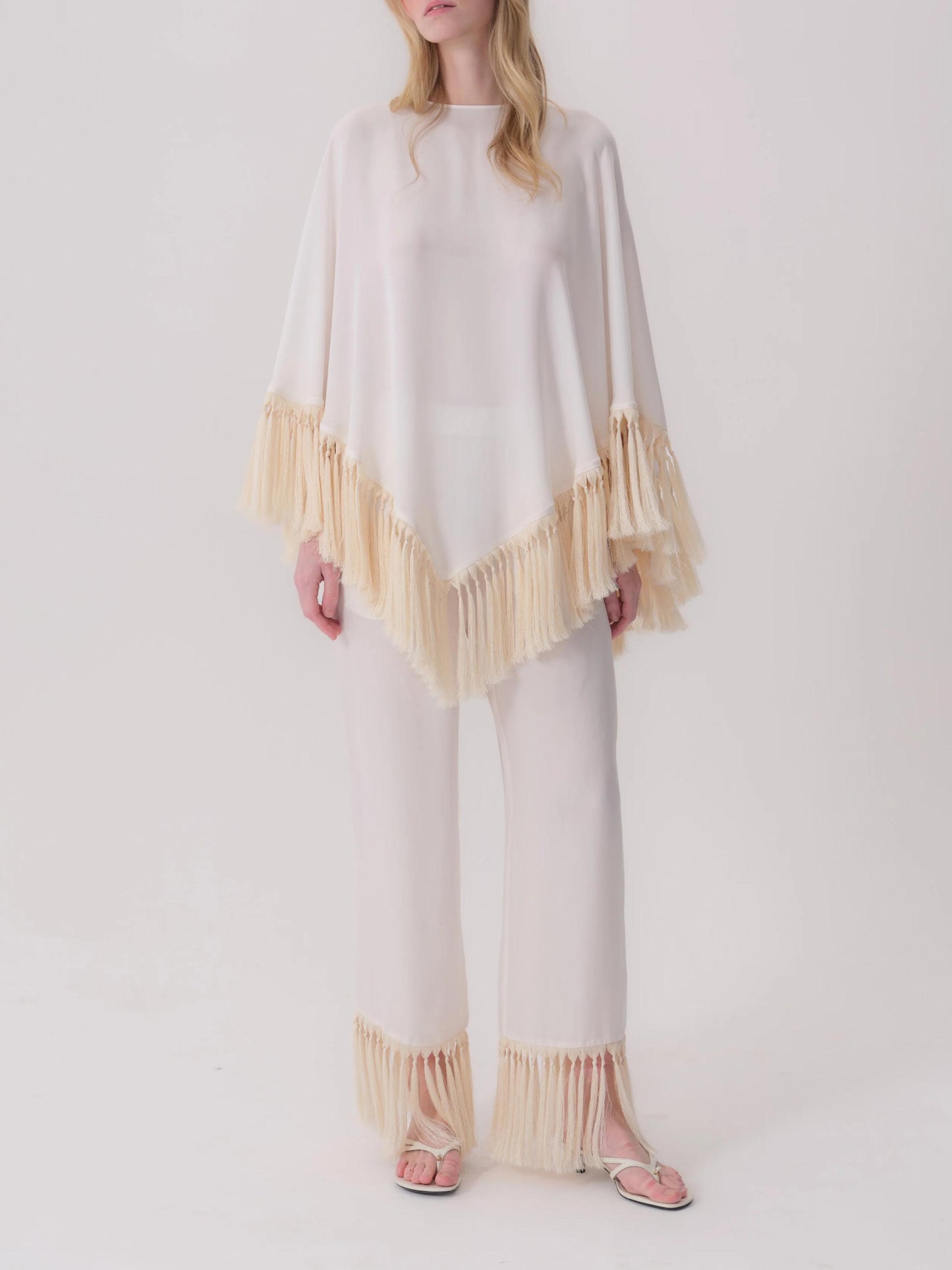 Elegant Fringe Trim Poncho Top & Straight Leg Pants Two-Piece Set