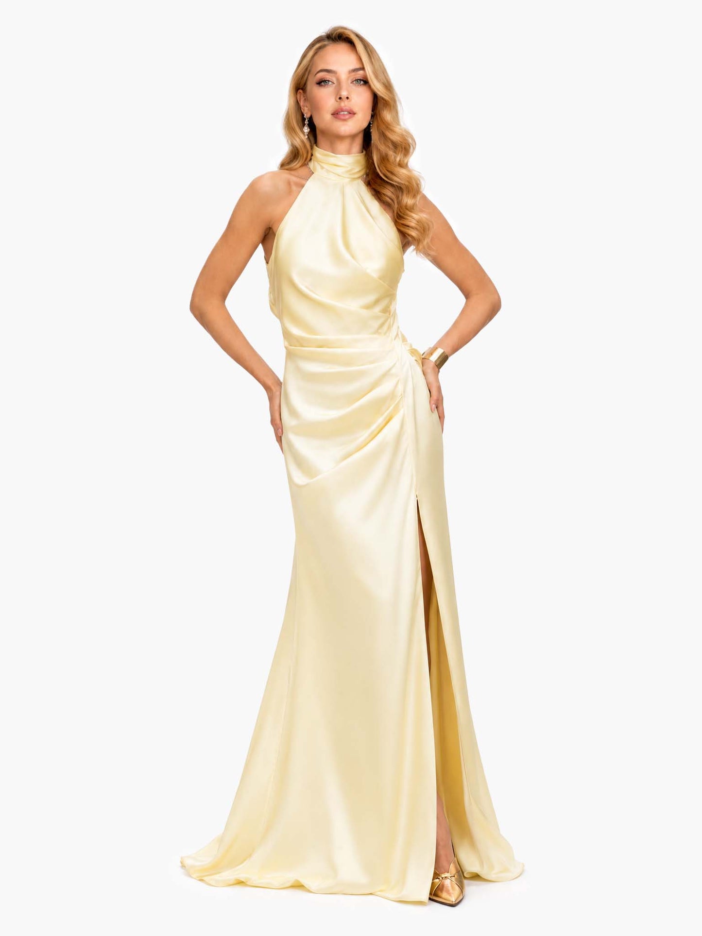 Elegant halter backless ruched high slit satin maxi dress