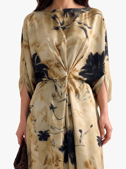 Elegant Watercolor Twist-Front Maxi Dress