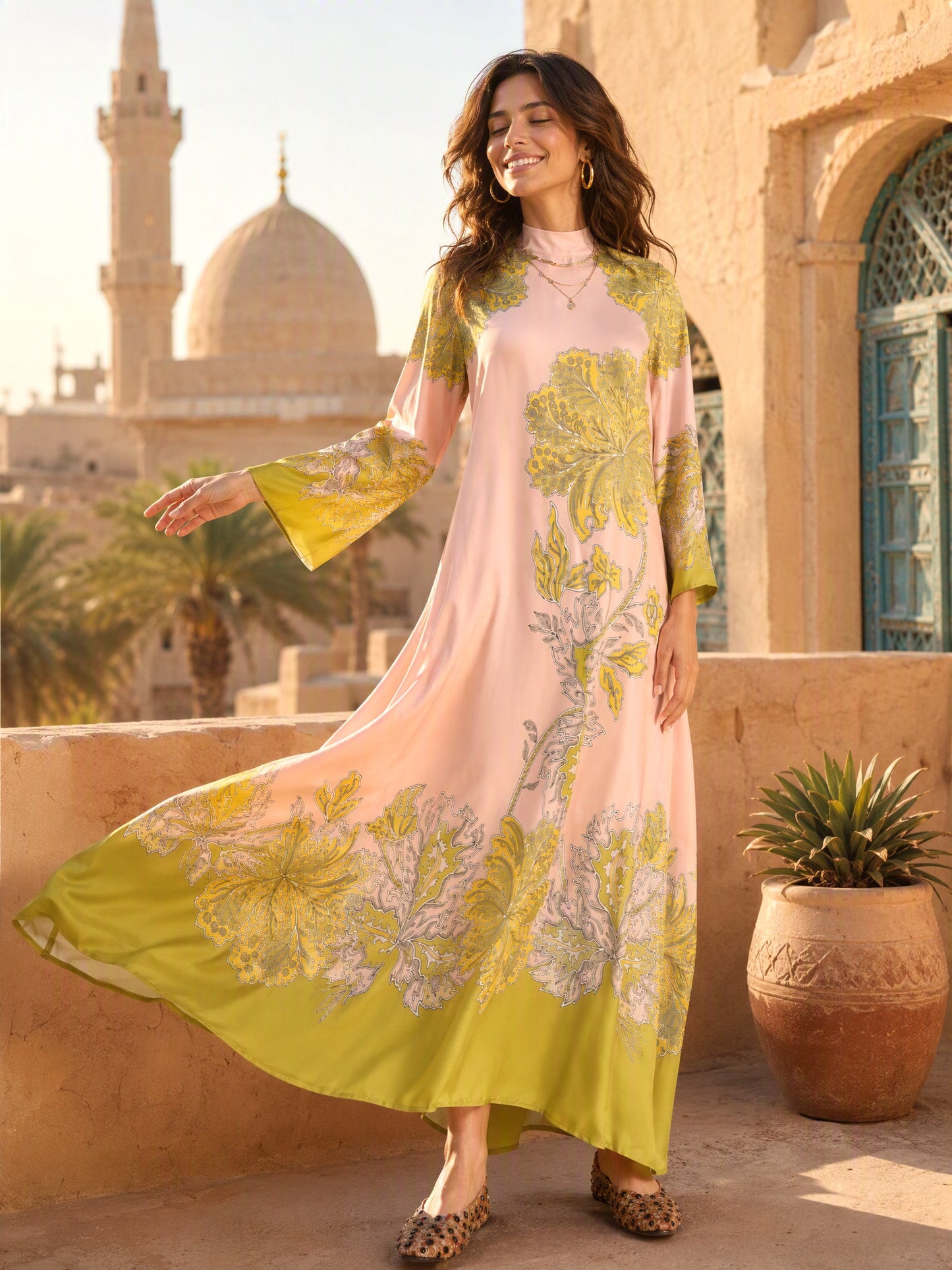 Elegant Retro Print Satin Tie-Waist Maxi Dress