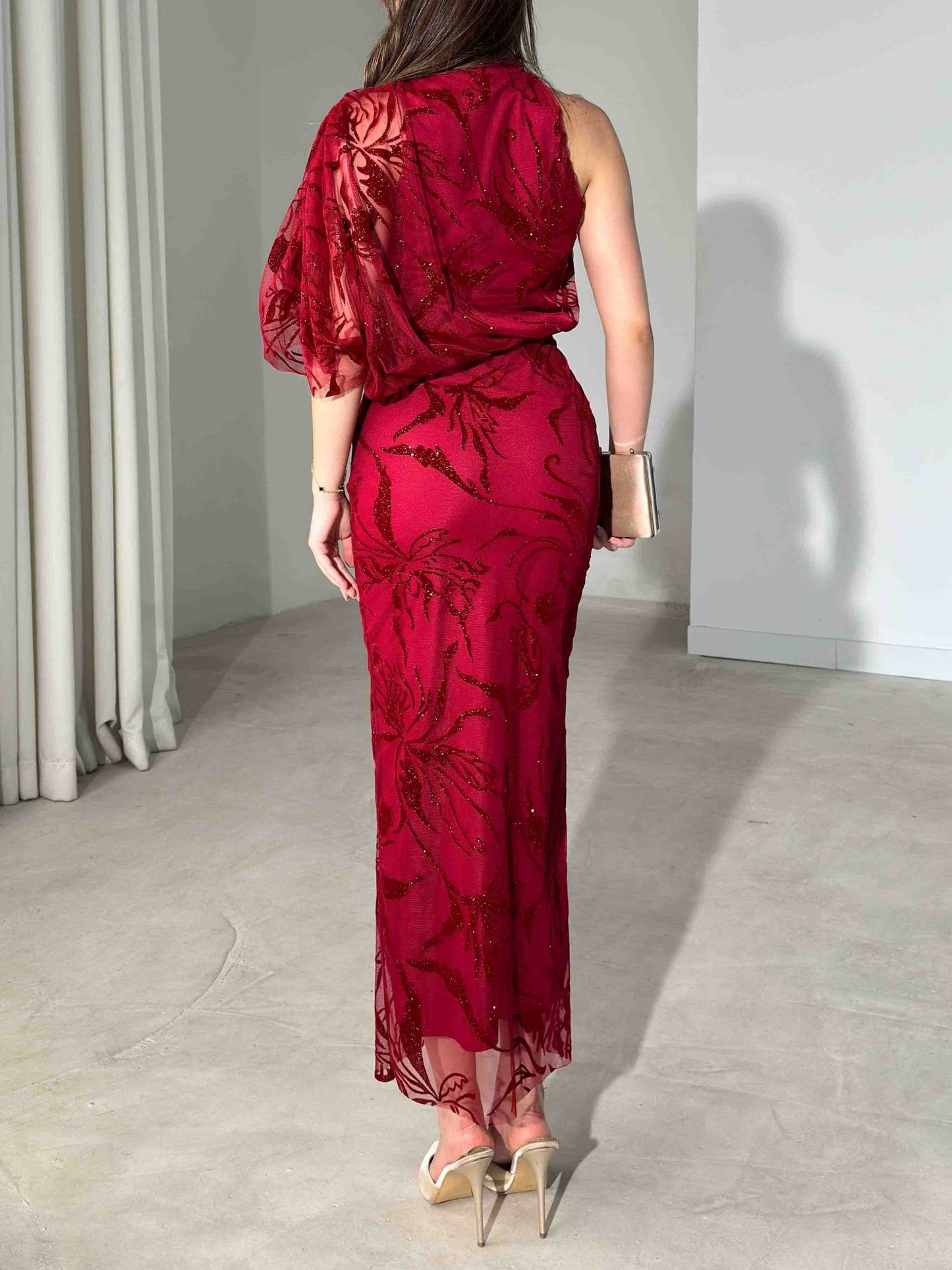 Elegant Glitter Floral Mesh Midi Dress