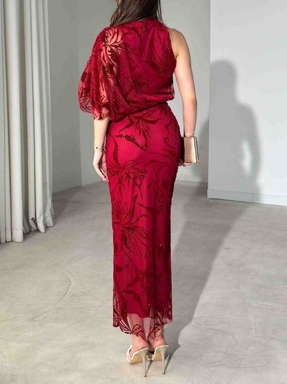 Elegant Glitter Floral Mesh Midi Dress