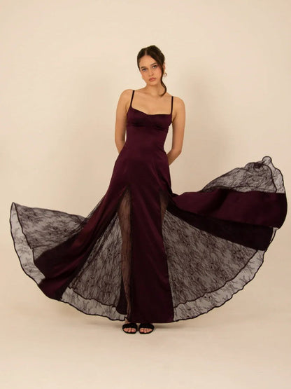Elegant Satin Lace Patchwork Spaghetti Strap Maxi Dress