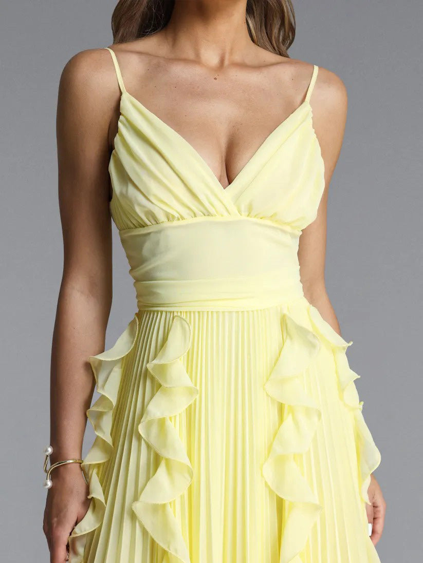 Elegant Spaghetti-Strap Ruffled Pleated Chiffon Maxi Dress