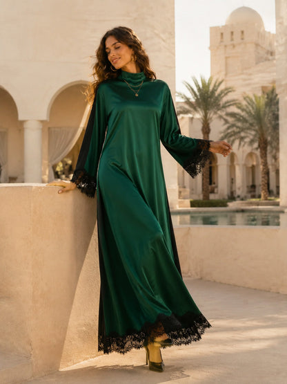 Elegant Color-Block Reversible Satin Lace-Trim Maxi Dress