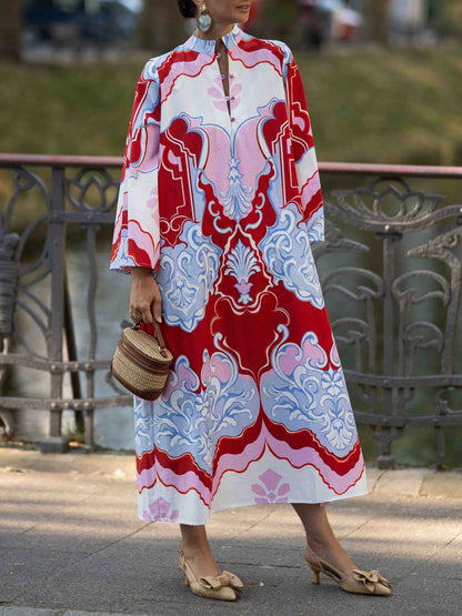 Retro Baroque Print High-Neck Kaftan Maxi Dress