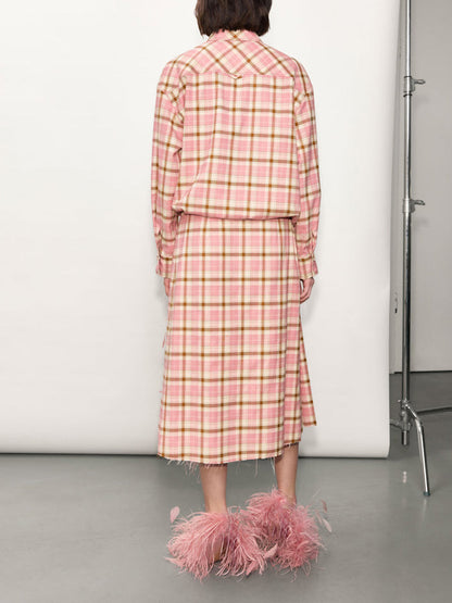 Classic Plaid Loose Shirt & Feather-Trim Skirt Two-Piece Set