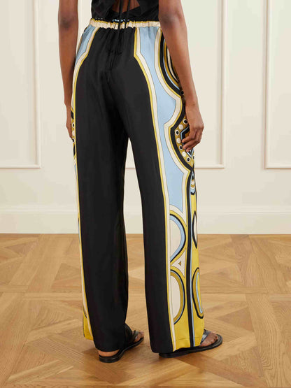Retro Geometric Print Tassel Trim Asymmetric Top & Pants Two-Piece Set