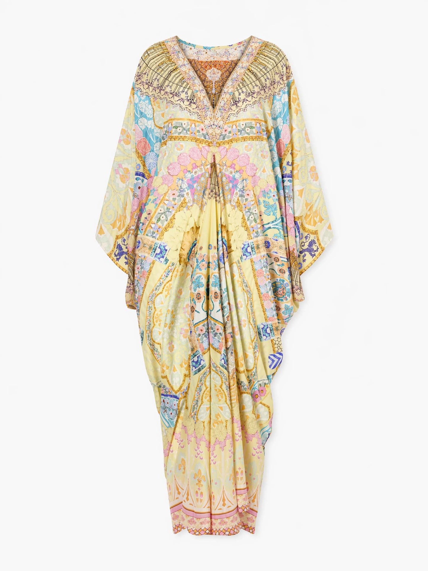Retro Colorful Floral Print Silk-Feel Kaftan Maxi Dress