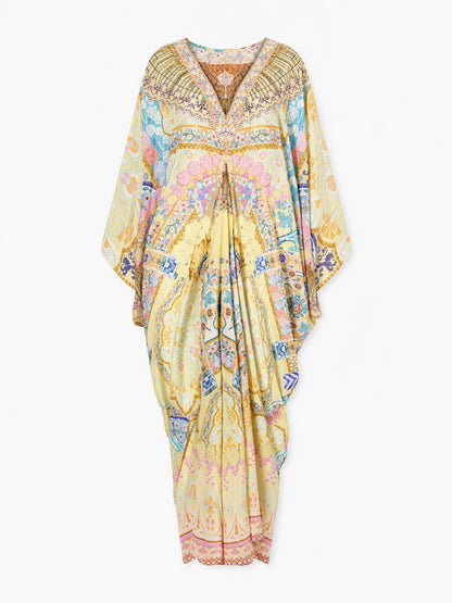 Retro Colorful Floral Print Silk-Feel Kaftan Maxi Dress