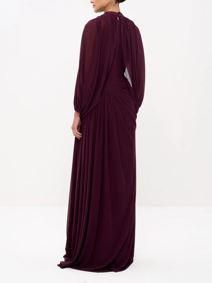 Elegant Draped Cape Sleeve Pleated Maxi Dress