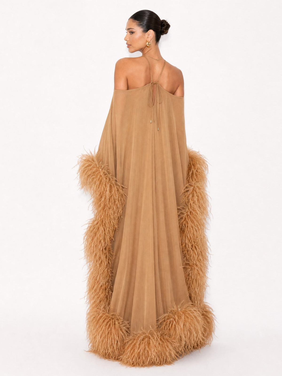 Elegant Halter Off-Shoulder Feather-Trim Maxi Evening Dress