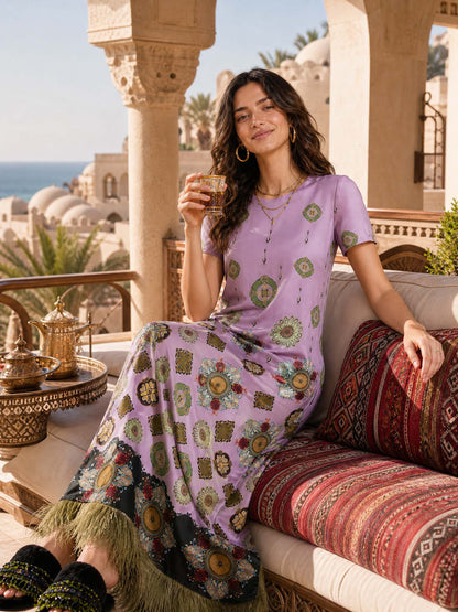 Boho Baroque Print Feather Trim Maxi Dress