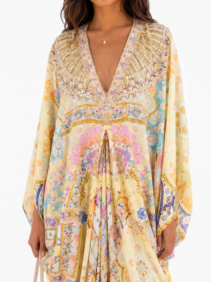 Retro Colorful Floral Print Silk-Feel Kaftan Maxi Dress