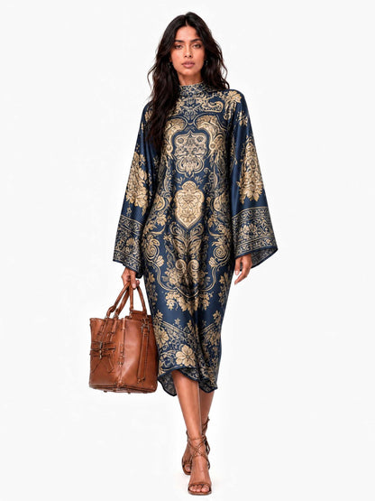 Retro Paisley Print Round Neck Flared Sleeve Midi Dress